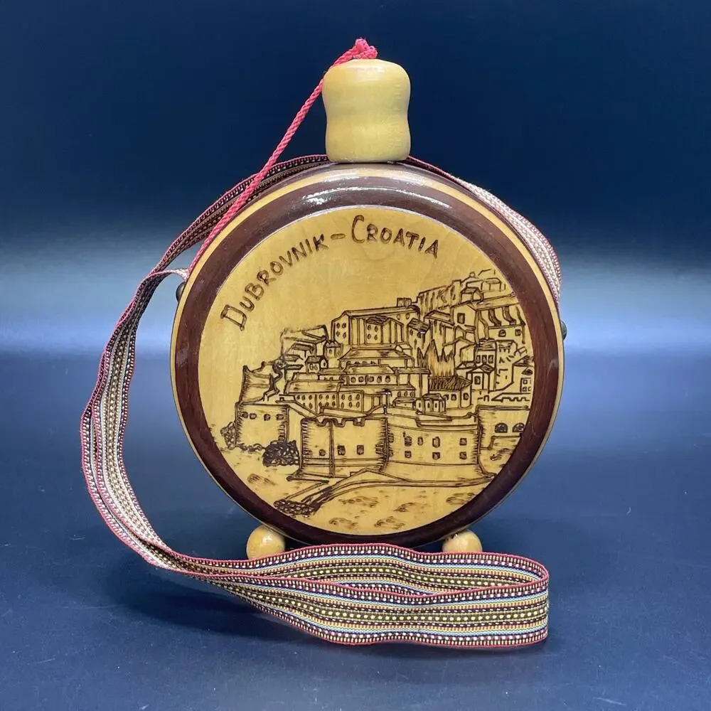 Vtg Wood Flask Canteen Handcrafted Folk Art Carved Pyrography Dubrovnik Croatia